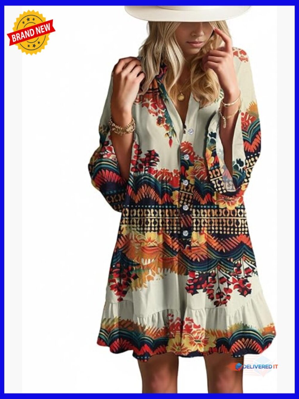Flowy Ruffle 3/4 Sleeve V-Neck Tiered Babydoll Mini Dress